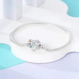 New in 925 Sterling Silver Snake Chain Heart-Shaped Zircon Lock Bracelets Fit Pan Charms Beads Fashion DIY Jewelry Gift Making