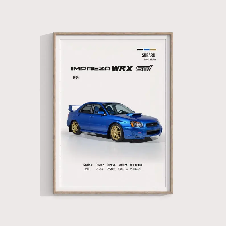 Subaru Impreza WRX STi 2004 Poster  JDM Rally Car Gift Turbocharged AWD Legend Wall Art for Collectors & Enthusiasts - No Frame