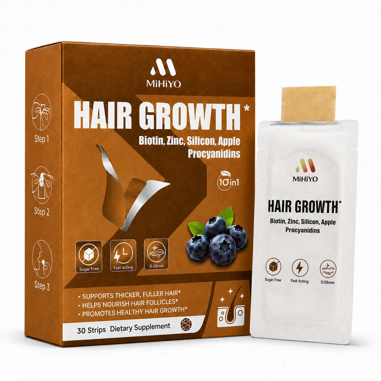 MIHIYO 10-in-1 Hair Growth Strips, Beauty Wellness Supplement, Nutritional Health Supplement - Biotin 5000mcg, Zinc, Procyanidins Synergy, Sugar Free, Blueberry Flavor, Fast Tongue Melt, Max Absorption, Hair Support, 30 Ct