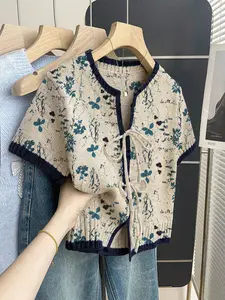 Boho Casual Vacation Style Loose Round Neck Colorblock Floral Print Short Sleeve Knit Top, Front Tie Design, Women's Spring Summer, Casual Classy Top, Womenswear