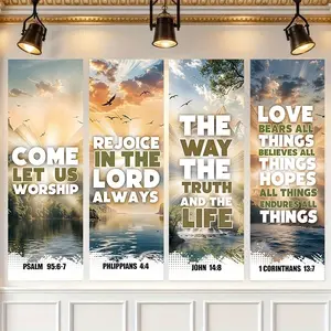 4 Piece Inspirational Church Banners, Polyester Party Banners, Decorative Banner, Worship Theme Landscape Patterns, Ideal for Church Walls, Home, School Decor