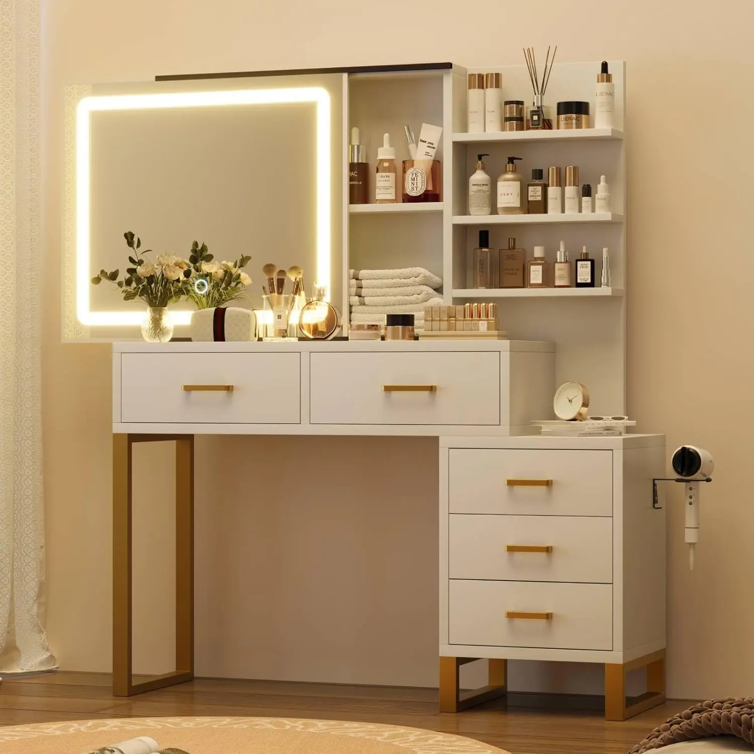 Makeup Vanity Desk with Sliding Mirror and Lights – Large Dressing Table with Charging Station, 3 Lighting Modes, 5 Large Drawers & 3 Tiers of Open Shelves – for Bedroom – White & Gold