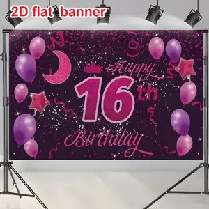 Sweet 16 Birthday Party Background Cloth, Deep Backdrop with Balloons, Stars, Moon, Crown, Sparkles, Ideal for Girls' Parties