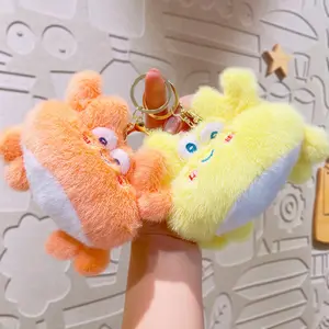 Cute Fluffy Crab Plush Keychain Set, 2‑Styles Orange‑Yellow Chubby Sea‑Animal Bag Charms, Kawaii Smiling Crustacean Pendants