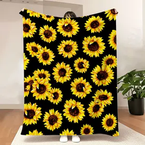 Beautiful Sunflower Pattern Blanket Vibrant Yellow Petal Dark Brown Center Solid Black Background Dense Cheerful Design Couch Bed Throw Travel Soft Floral Gift Idea Women Room Decor
