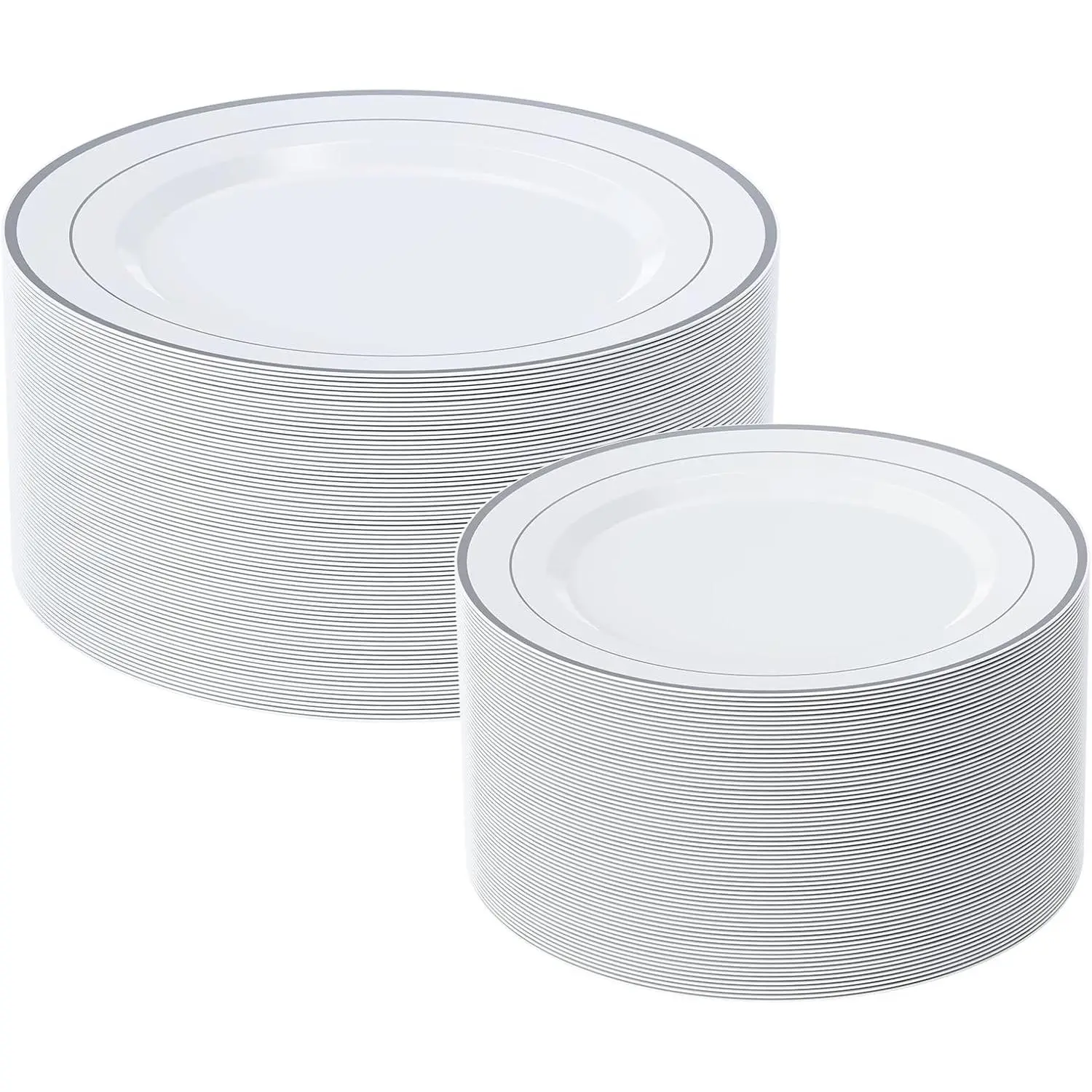 Silver Plastic Plates Set of 60, Disposable Plates with Silver Rim 30 Dinner Plates 10" and 30 Salad Dessert Appetizer Plate 7", Elegant Fancy Heavy Duty Wedding Party Plates