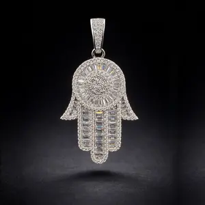Moissanite Hamsa Hand Pendant 1.85” Fully Paved Gold & White Finish