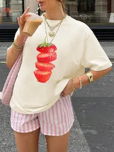 Women's Strawberry Print Round Neck Tee, Casual Short Sleeve T-shirt for Summer, Ladies Sleepwear for Daily Wear