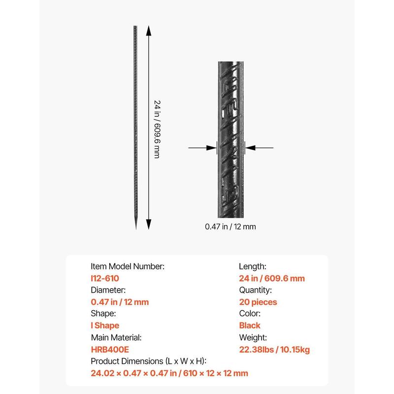 VEVOR Rebar Stakes, 24-Inch, Heavy-Duty 0.47 in Diameter, Straight Galvanized Steel Ground Anchors with Chisel Point End & Rust-Resistant Coating, for Gardening Support, Fence, Camping Tents (20-Pack)