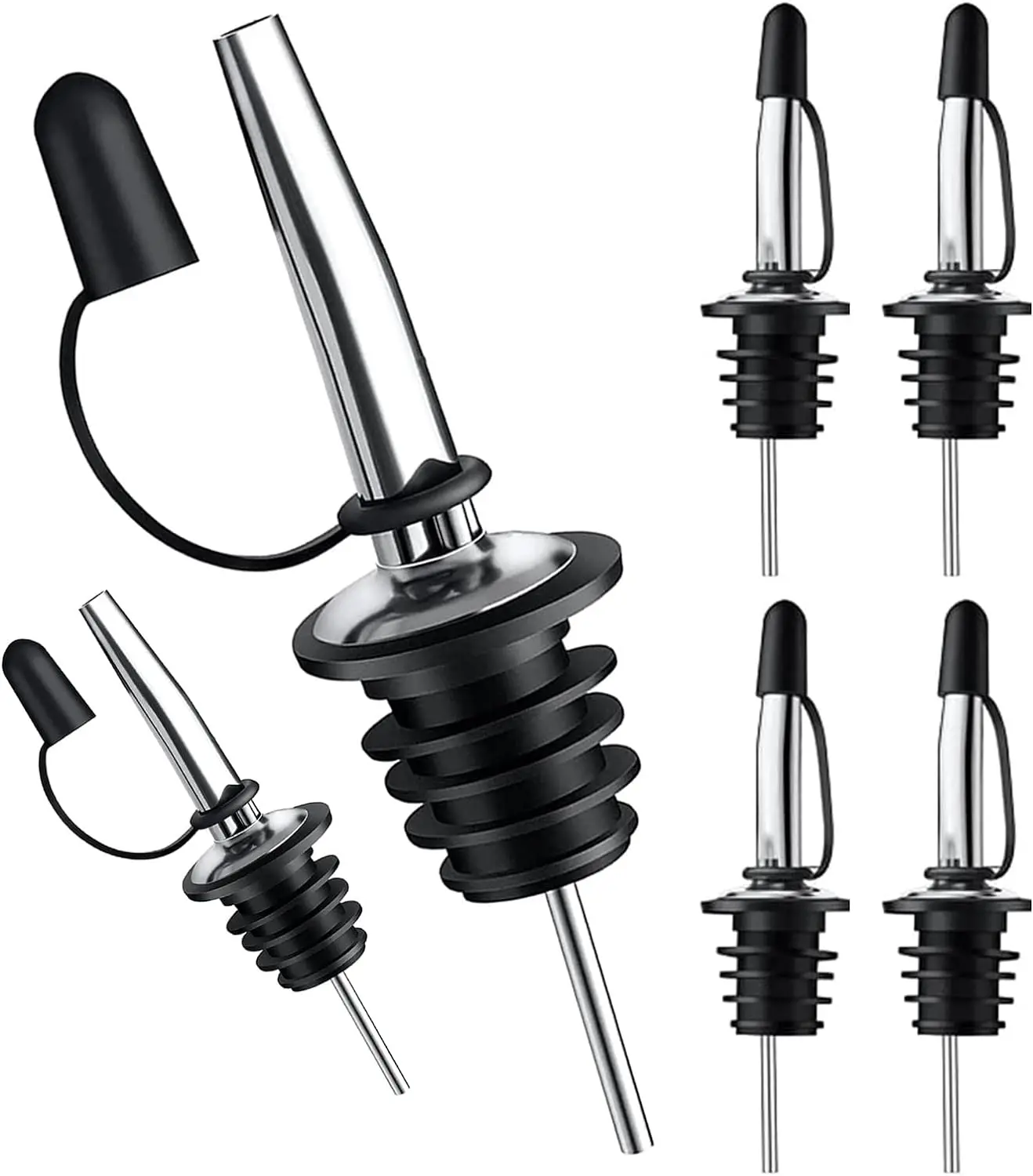Stainless Steel Liquor Bottle Pourers (6-Pack) - Durable Leak-Resistant Flow Control Dispenser Spouts with Dust Caps, Fits 0.65-0.83 Inch Bottle Tops, for Bar Use, Coffee Shops, Home Use (Silver)