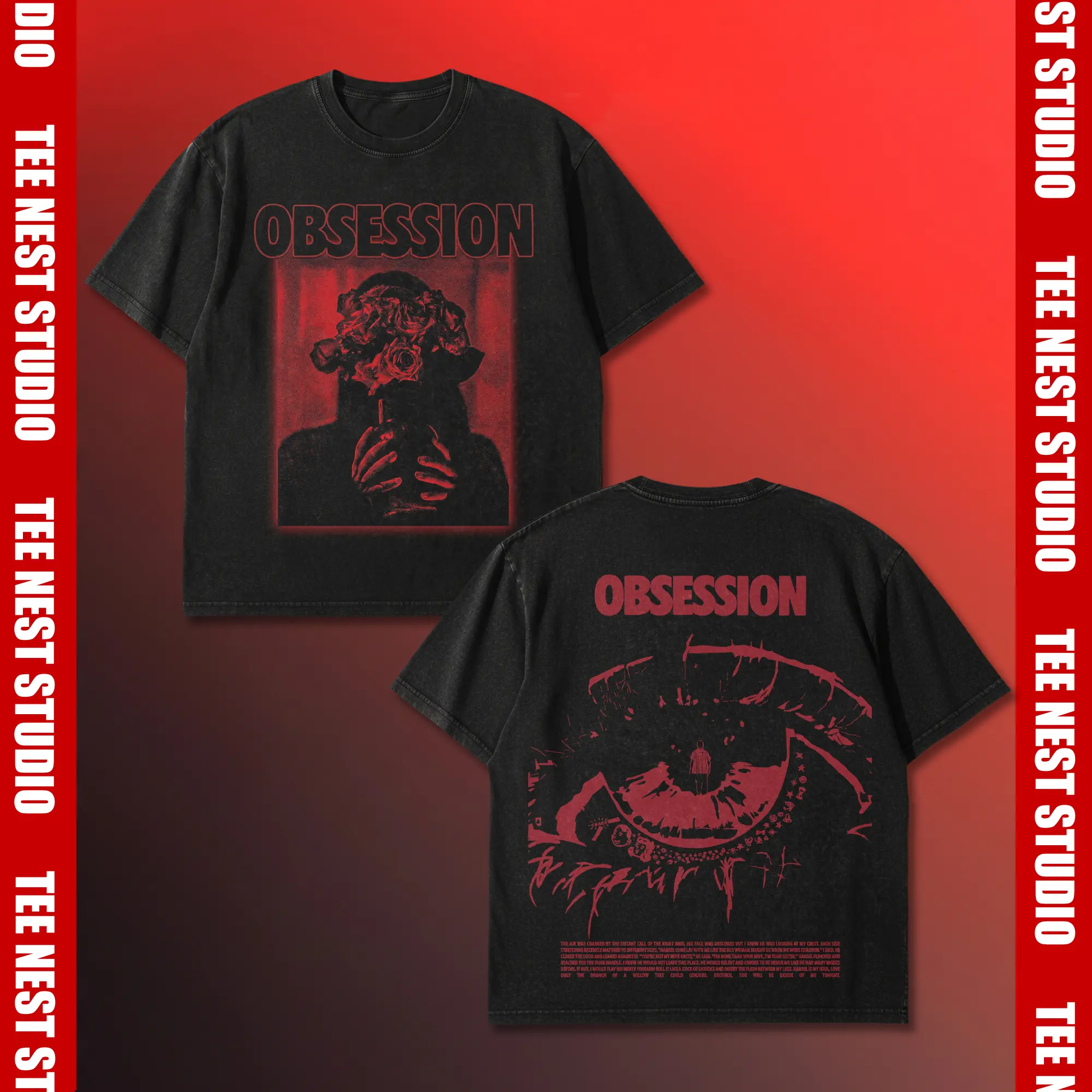 Obsession Graphic Shirt, Rose Bouquet Head Giant Eye Back Print T-Shirt, Psychological Thriller Horror Tee, Indie Film Cult Fan Gift, Curry Barker Cinema Merch, Vintage Wash Dark Art Aesthetic Streetwear