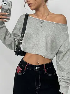 Women's Off-the-shoulder Cropped Sweatshirt Casual Loose Long Sleeve Y2K Aesthetic Casual Pullover Top For Daily Streetwear