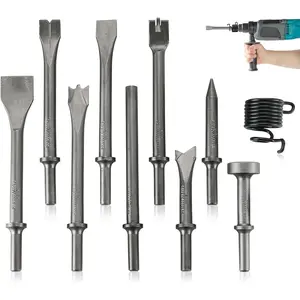 10 count Pneumatic Air Hammer Chisels Set, Heavy Duty High Carbon Steel Pneumatic Air Hammer Chisels with 0.401" Shank, Pneumatic Chisel Tool Rivet Removal & Automotive Repairs, Includes Spring