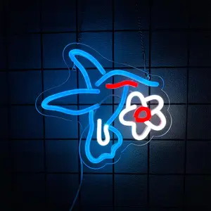 Hummingbird and Flowers Neon Sign - Hummingbird and Flowers LED Light - Flying Bird Neon Art - Garden Wall Decor - Nursery Room Neon Light