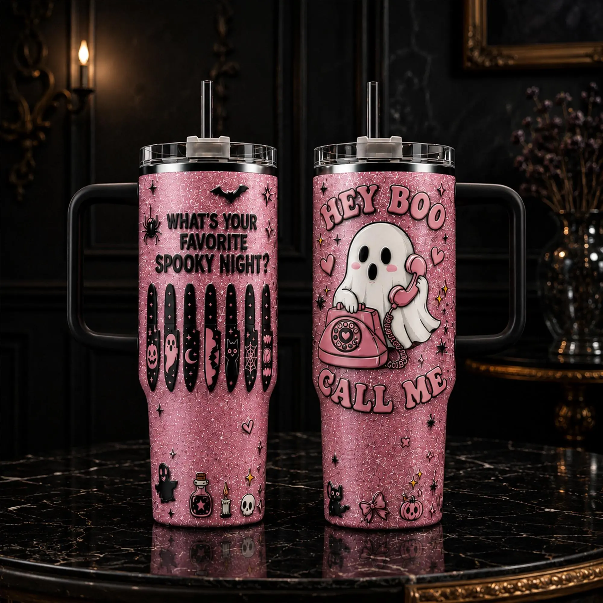 Cute Pink Ghost Halloween Tumbler with Handle and Straw, Hey Boo Call Me Spooky Travel Cup, Kawaii Halloween Gift for Women