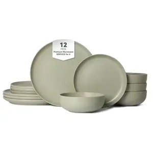 12-Piece Stoneware Dinner Plates Bowls Sets| Microwave & Dishwasher Safe| Non-Toxic Dinner Plates Bowls Set| Stackable Matte Glaze Kitchenware for 4