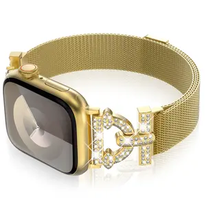 Surace Compatible with Gold Apple Watch Bands 40mm for Women, Jewelry Diamond Rhinestone Stainless Steel Metal Wristband Strap with Bling PC Protective Case for iWatch Series 6/5/4 SE, Gold/Rainbow