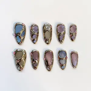 3D Gold Chrome Nails/Gothic Press On Nails long almond nails/Gothic Nails