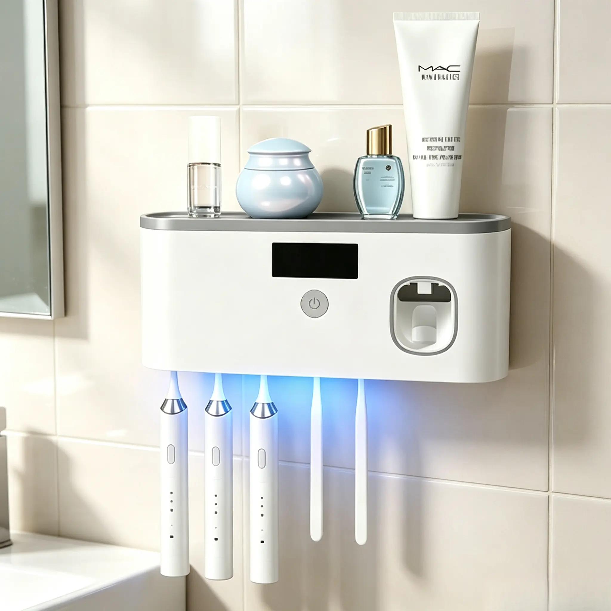 Wall Mounted Smart Toothbrush Holder, Solar Charging Toothbrush Sanitizer with Automatic Toothpaste Dispenser, 5 Slots Toothbrush Organizer, No Drilling Electric Toothbrush Holder for Bathroom