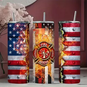 1pc 17oz/17.5oz/20oz/22oz/26oz/30oz/30.5oz/32oz/33oz/40oz Stainless Steel Insulated Mug -  reusable, Fire Fighter USA Flag，suitable for outdoor use, gym, camping - Perfect gift for birthdays, Christmas, Father's Day, fitness hydration gear