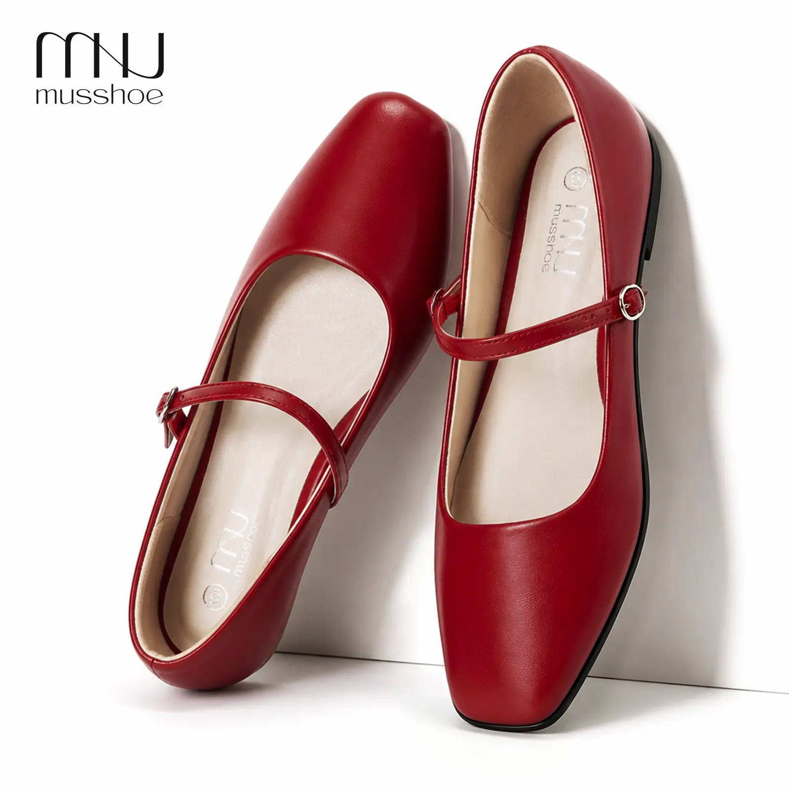 MUSSHOE Women's Mary Janes Shoes - Square-Toe Slip On Casual Flats with Adjustable Strap, Cushioned Insole, for Business, Dress, Office & Everyday Wear