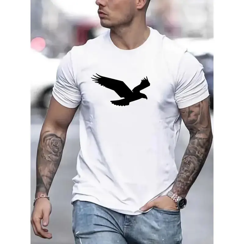 Stylish Eagle Design Casual Mens T-Shirt Featuring Slight Stretch Round Neck Perfect for Summer and Autumn