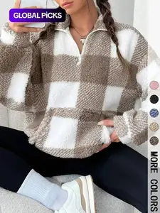 2026 Women's Plaid Half Zip Drop Shoulder Fleece Sweatshirt, Casual Long Sleeve Collar Pullover for Spring & Fall, Ladies Clothes Daily Wear, Adjustable, Wardrobe Essential, Versatile, Lightweight, Minimalist Chic