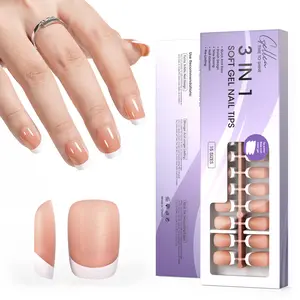 Gellen Nude Brwon Press on Nails French Tip - 150pcs French Tip Acrylic Nails Short Square, 3 in 1 Pre-french Gel Nail Tips 15 Sizes Short FrenchTip Nails, No Need to File Full Cover Tips