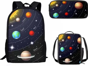 3PCS Solar System Planets Kids Backpack Set - Waterproof Large-Capacity School Bag with Insulated Lunch Box & Pencil Pouch, Dark Space Orbit Print Educational Bookbag for Space Science Astronomy Lovers (Sports & Outdoor Gym Bag)