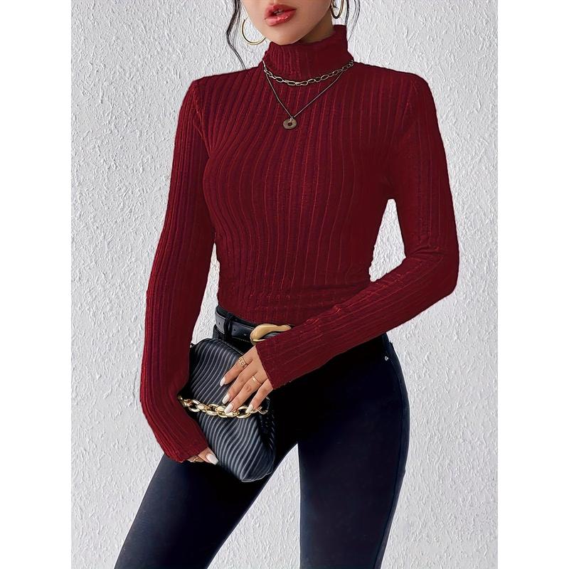 3-Pack Women's Ribbed Turtleneck Long Sleeve T-Shirts Casual Solid Color Knit Fabric Tops Polyester 95% Elastane 5% Regular Length High Neck for Fall/Winter Basic Minimalist Red