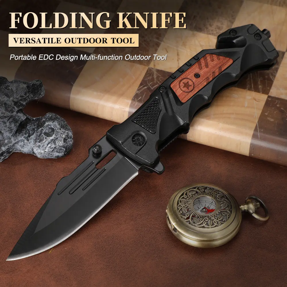 Multi-Function Folding Pocket Knife - Wood Inlay Handle, Black Coated Blade with Glass Breaker, Emergency Survival Kit Supplies for Camping, Outdoor Use