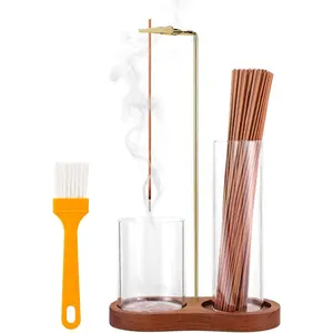 2 in 1 Incense Holder for Sticks with Glass Ash Catcher, Upside Down Anti-Ash Incense Stick Burner for Outdoor Patio, Modern Vertical Incense Holder for Home Decor, Spa, Meditation and Reddish Brown