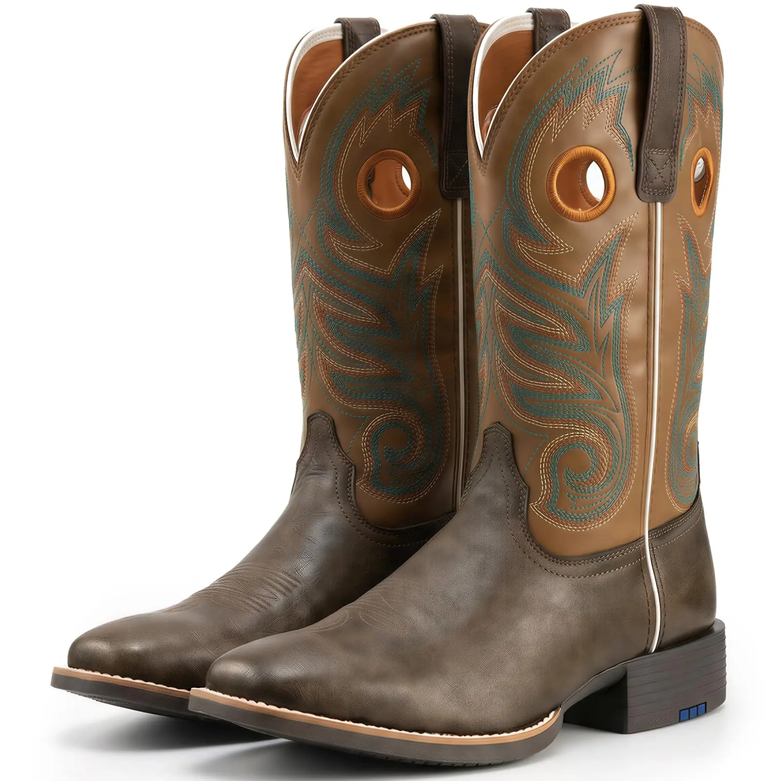 Palitutu light brown square-toe Western cowboy boots, adorned with vintage embroidery, mid-calf design, superior quality, and featuring a durable, non-slip rubber sole. Comfortable and breathable. #CowboyBoots #WesternStyle #CountryConcertOutfit