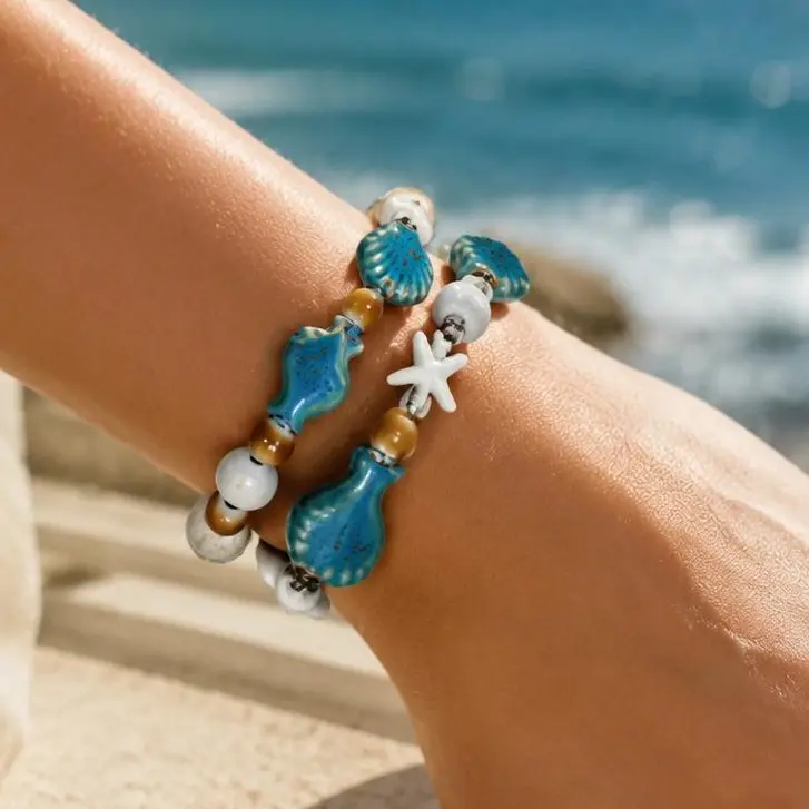 Women's Hand-Glazed Vintage Coastal Ceramic Adjustable Drawstring Bracelet - 15cm-20cm, 3.8±0.2g, Starfish Shell Beaded, Boho Stackable Summer Beach Jewelry, Gift for Female Teens, Earthy-Toned, Drawstring Pouch, Ocean Themed