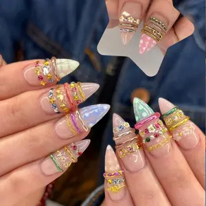 roberthub.nail Pastel Cone Charm Press-On Nails, Colorful Jelly French Tip Design, Gold Rhinestone Detail, Glossy Y2K Fairycore Aesthetic, Handmade Long Stiletto Party Nail Set