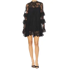 Elegant Floral Lace Dress V-Neck Long Sleeve A-Line Cocktail Dress with Belt Vintage Retro Party Mini Dress for Women NONE