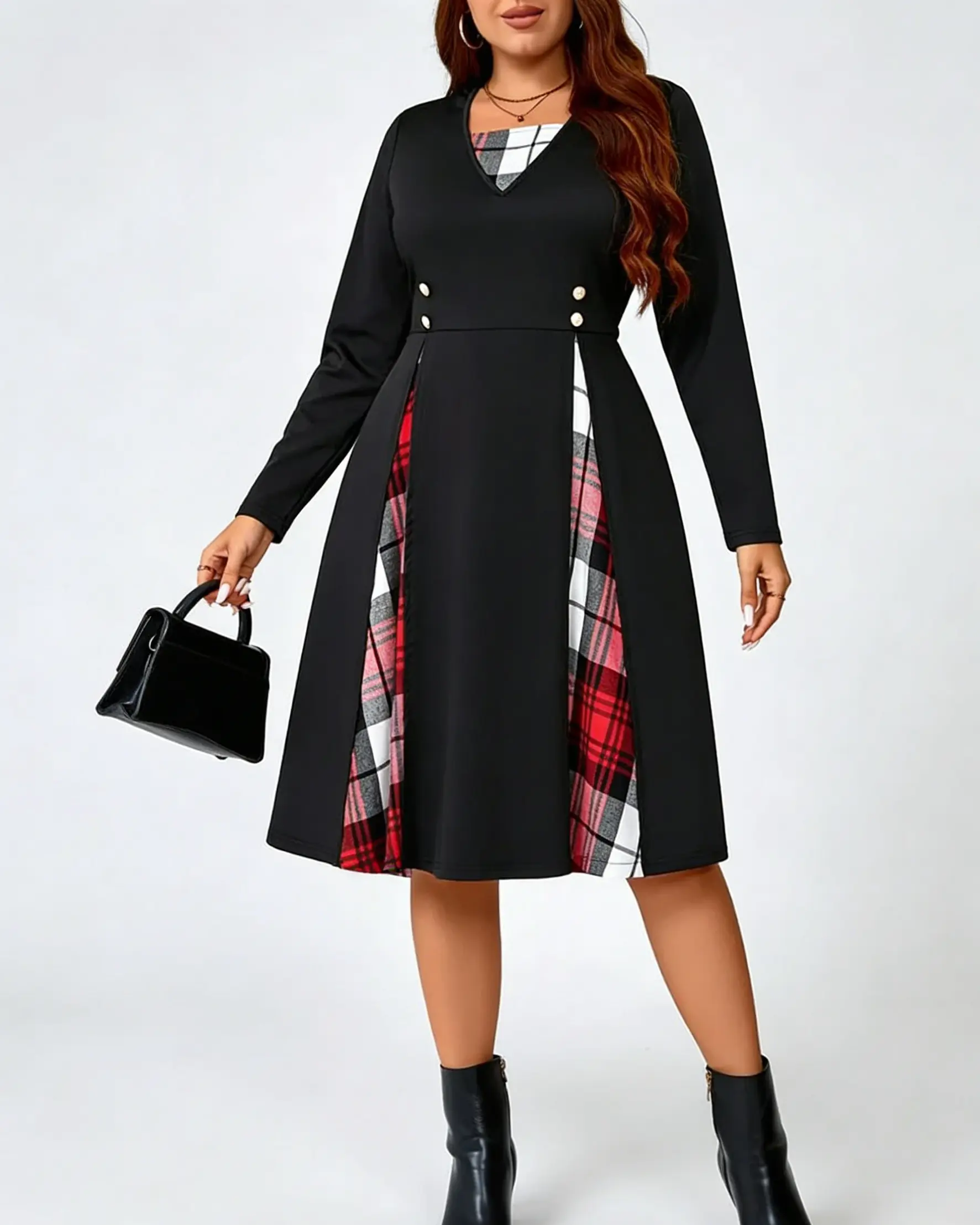curvy women fall dress, office plus size midi dress, tartan contrast panel dress, modest long sleeve swing dress, holiday plaid outfit, plus size layered split dress, autumn workwear dress, vintage plaid insert dress