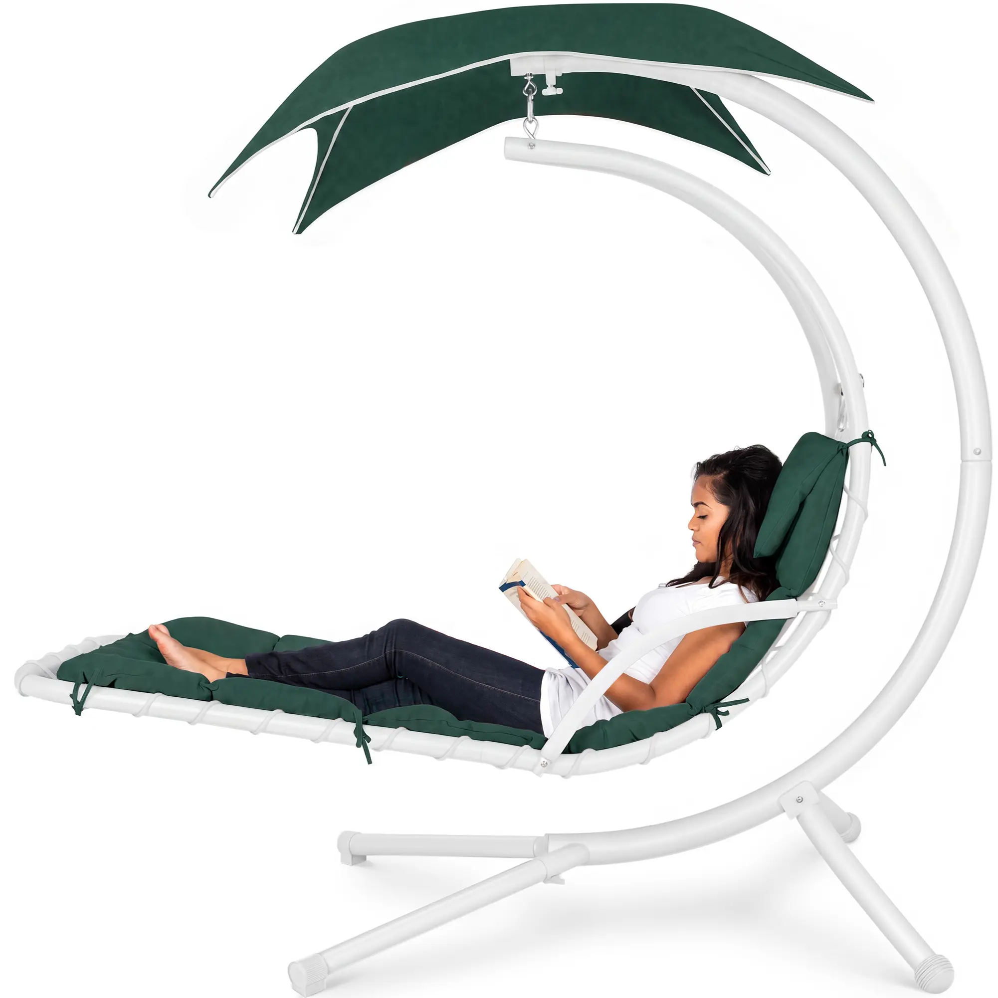 Best Choice Products Hanging Curved Chaise Lounge Chair Swing w/ Pillow, Shade, Stand Best Choice Products Hanging Curved Chaise Lounge Chair Swing w/ Pillow, Shade, Stand
