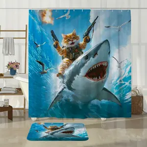 Cat Shark Theme Shower Curtain Set, Blue Background Multi-Color, Includes Plastic Hooks, Non-Slip Mat, U-Shaped Toilet Pad, Bathroom Decor Accessories