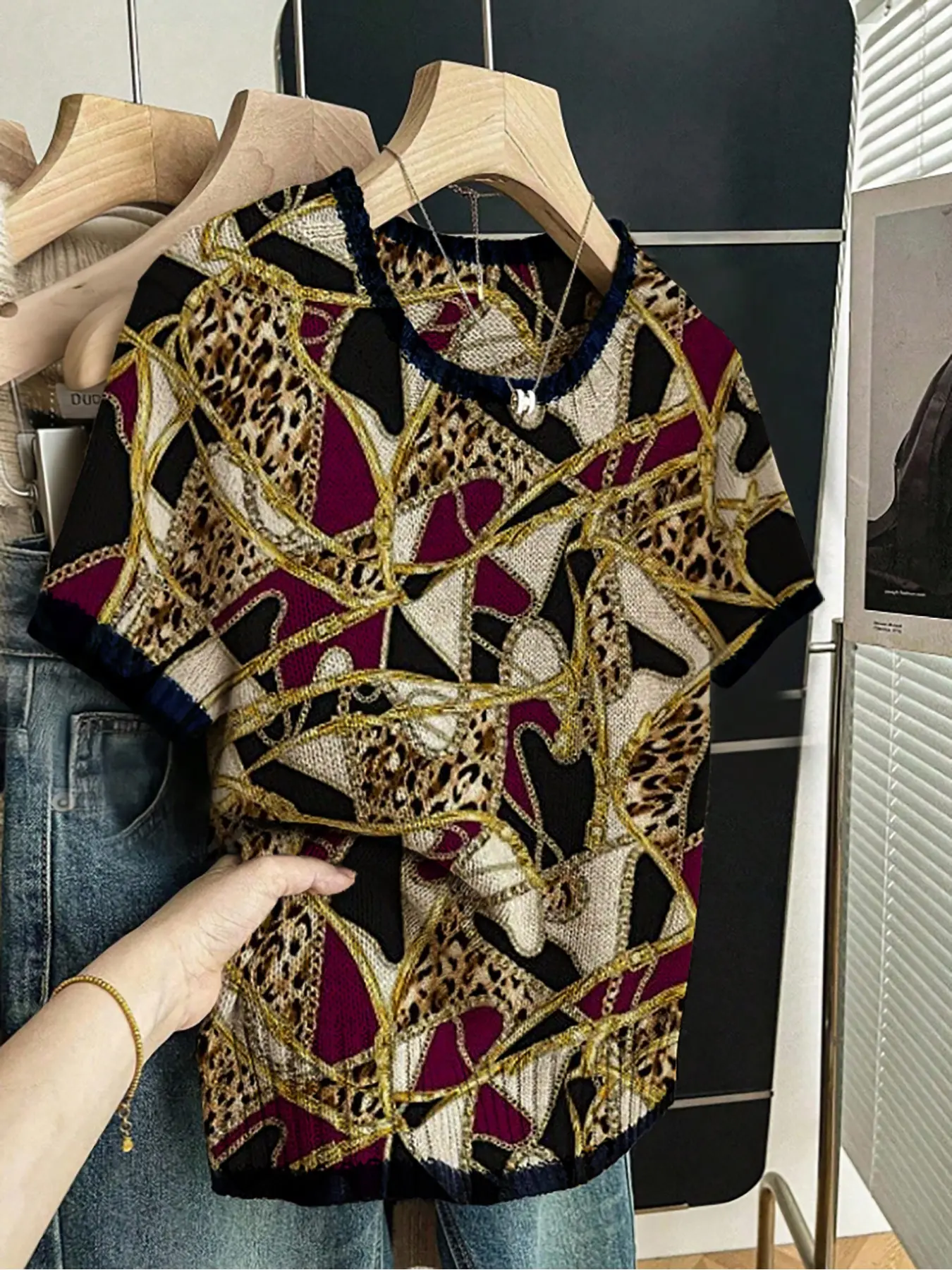 Baroque Colorblock Print Round Neck Sweater, Casual Short Sleeve Knitwear for Spring Summer Fall, Comfortable Warm Women's Clothing