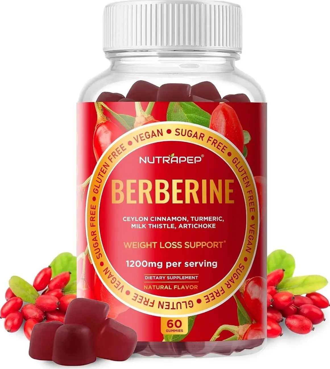 Premium Berberine HCl Weight Loss Support Gummies - 1200 mg Berberine HCl with Ceylon Cinnamon Turmeric Milk Thistle Artichoke for Metabolism Appetite Support - Sugar Free Gluten Free