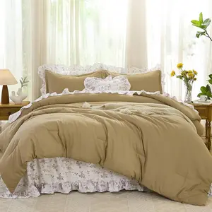 Size Comforter Set, 8 count Farmhouse Bed in a Bag ,  Set  Size with Brown Comforter, Ruffle Floral Pillowcases & Flat Sheet, Floral Fitted Sheet