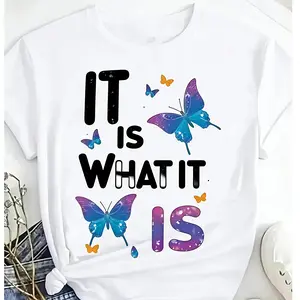 Plus Size Cotton TShirt Featuring Colorful Butterfly Graphic and Inspirational It Is What It Is Quote Casual Round Neck Short Sleeve Top for Spring Summer Fall Ideal Mother Day Juneteenth Gift Unisex Golf T Shirt