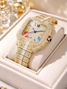 Men's 42mm Gold Iced Out Diamond Wrist Watch - Quartz, Square Dial, Colorful Roman Numerals, Diamond Bustdown, Rainbow Style, Waterproof, Trendy Fashion Accessory, Party Statement Piece, Square Dial Watch