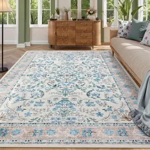 Garvee Washable Area Rug, 8x10 Boho Floral Soft Rugs for Living Room, Non Slip Low Pile Carpet for Bedroom, Dining Room, Nursery, Hallway, Blue