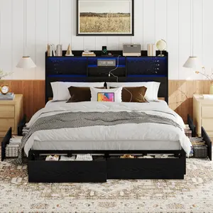 [SummerWins]Belffin Queen Bed Frame with 6 Storage Drawers and Carving Headboard, Wooden Bed Frame with Charging Station and LED Lights, No Noise and Easy Assembly, No Box Spring Needed, Vintage Black