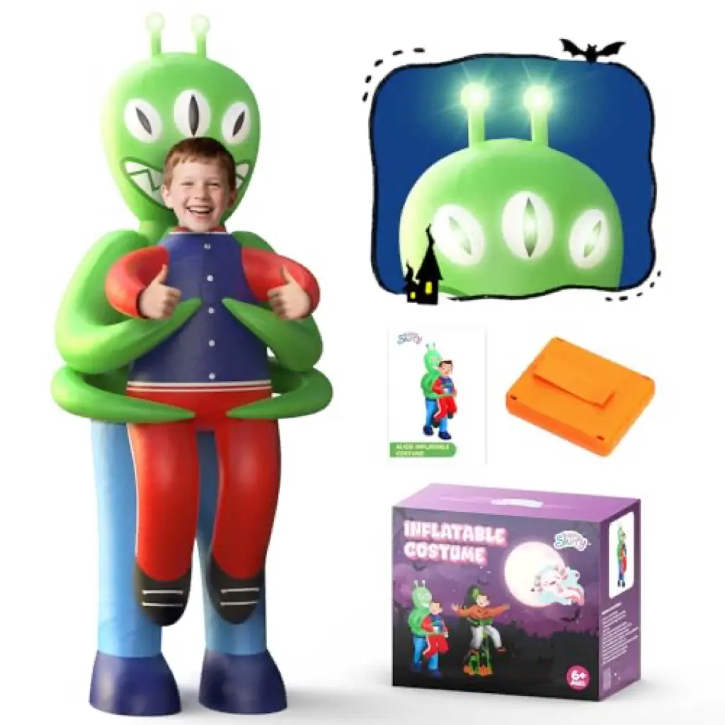 Skirfy Kids' Futuristic Alien Halloween Costume - Blow Up Character Costume with 3D Light-Up Eyes, Dual Power Mode, Rapid Inflation, Creative Design for Halloween Parties & Cosplay (Ages Under 10, Christmas Gift Option)