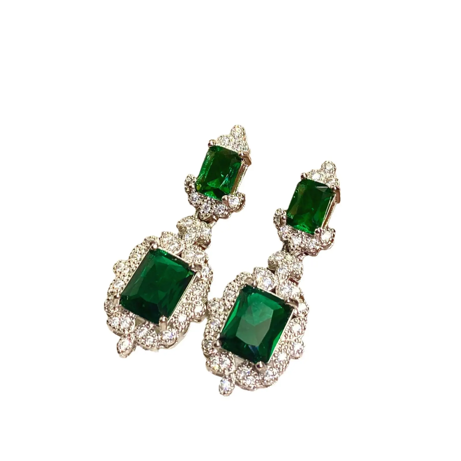 Elegant 925 Sterling Silver Earrings, Dark Green Cuboid Drop with Inlayed Synthetic Zircon Gems, Banquet Jewelry for Over 15 Years Old, Inlayed Gems, Green Zircon, Inlaid