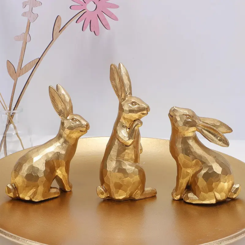 Glintoper 3-Pack Resin Easter Bunny Figures, Mini Golden Spring Rabbit Sculptures, Tabletop Ornaments for Home Table Mantel, Festival Gift (Home & Kitchen)