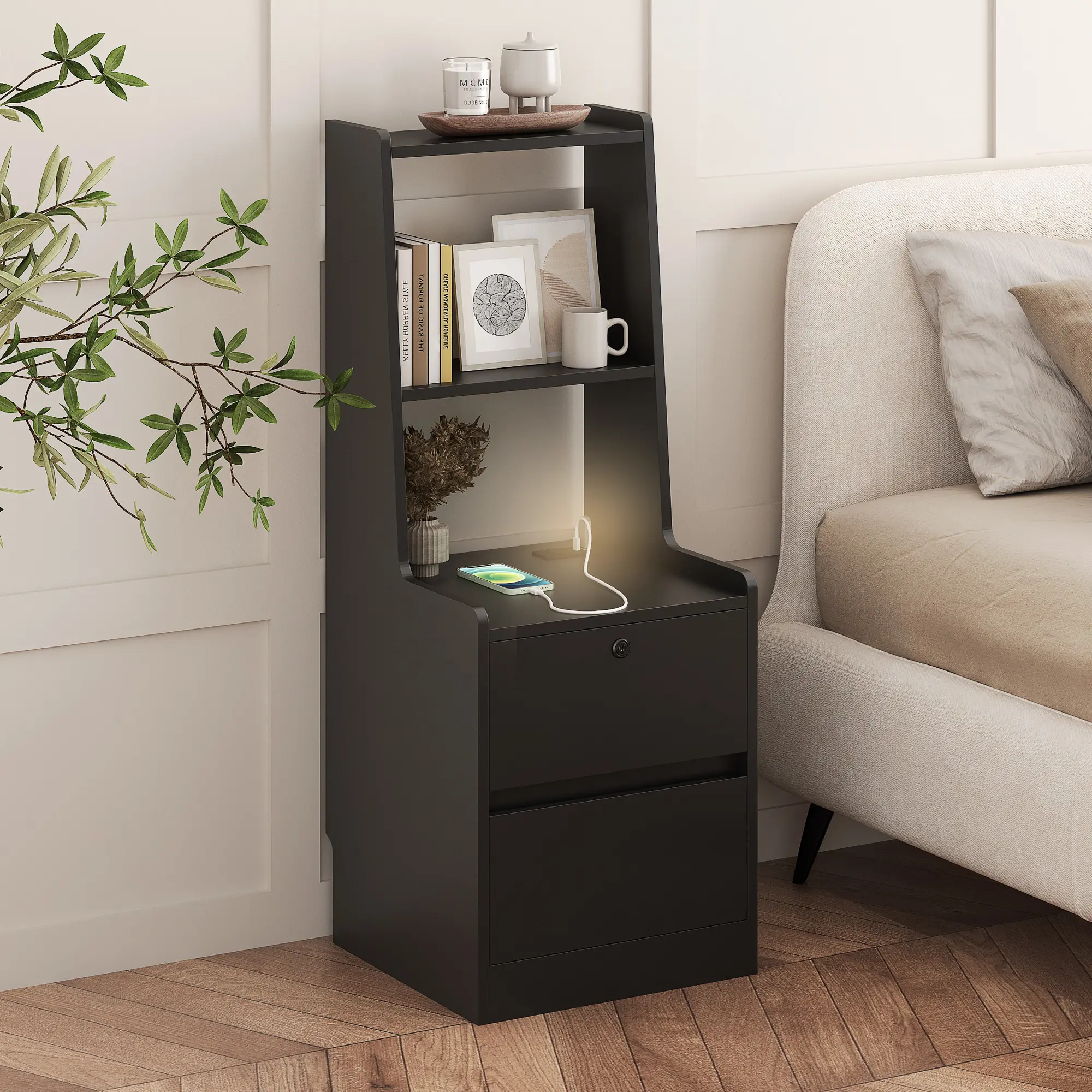 Black Modern Smart Bedroom Nightstand - High-End Indoor Furniture Side Table with Charging Station, USB Ports, 1 AC Outlet, Voice-Controlled Night Light, Bookshelf, Lockable Cabinet, Assembly Required (W15.74*D15.74*H41.14)